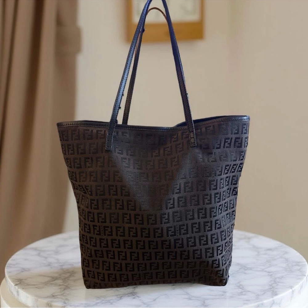 Fendi Vintage Zucchino FF Canvas Tote Bag Brown Leather Trim Shoulder Bag - Picture 2 of 5